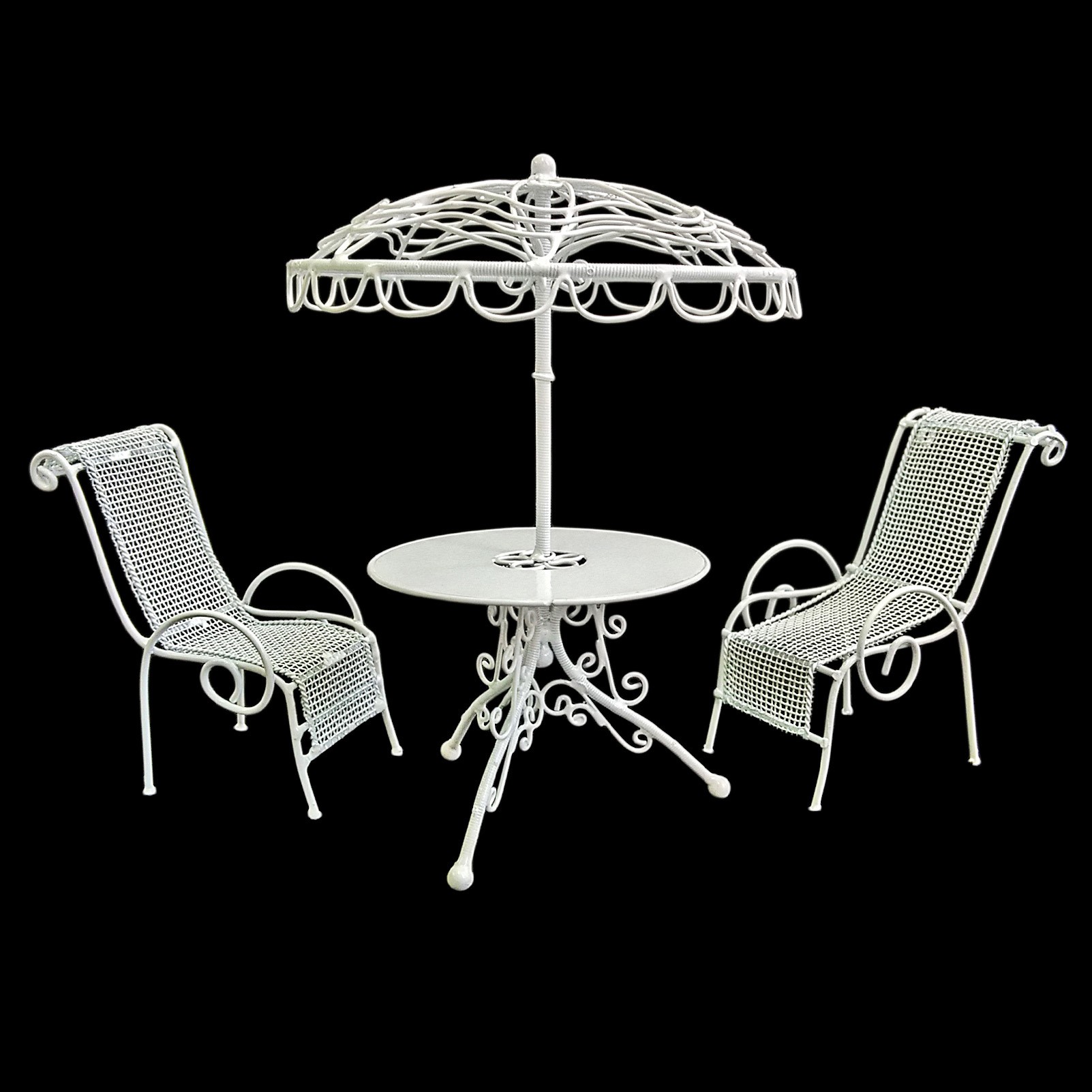 Set White Metal Outdoor Umbrella Table, Outdoor Dollhouse Furniture